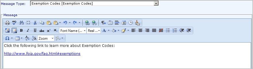 Message interface displaying exemption codes and a link for more information.